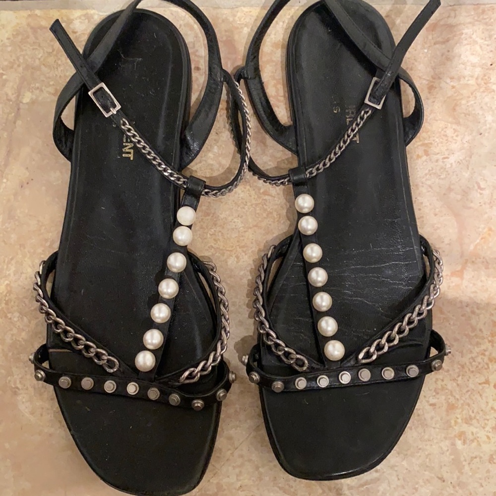 Saint Laurent black flat leather metal sandals size 8